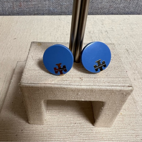Tory Burch Blue Enamel Logo Stud Earrings - Picture 1 of 5